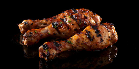 Fried chicken drumsticks marinated in red marinade with turmeric garlic mustard and parsley Chicken laid out on a wire rack. B-B-Q. Home kitchen black background.
