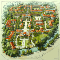 Model sketch of university campus project, urban plan architecture