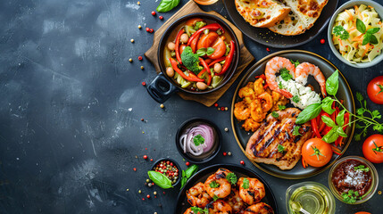 Assorted gourmet dishes. An overhead view of assorted gourmet dishes on a dark rustic table setting.