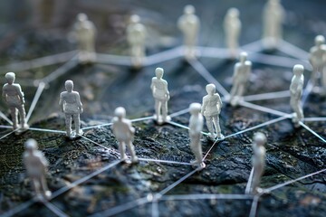 Chain of people figurines connected by white lines. Cooperation and interaction between people and employees. Dissemination of information in society, rumors. Communication. social contacts