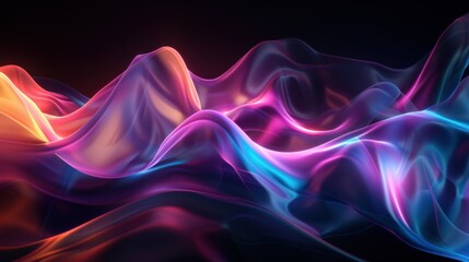 Abstract fluid 3D render with a black background and holographic, iridescent neon curved wave in motion