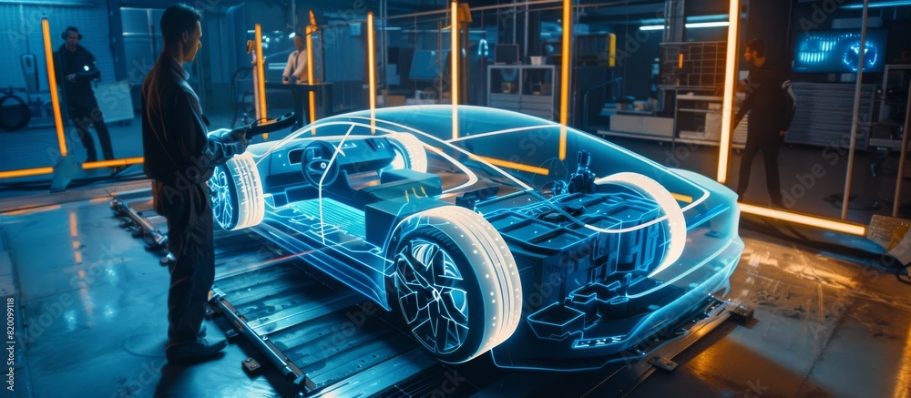 Poster in a stateoftheart automotive factory, an engineer utilizes advanced ar technology to design a sophi