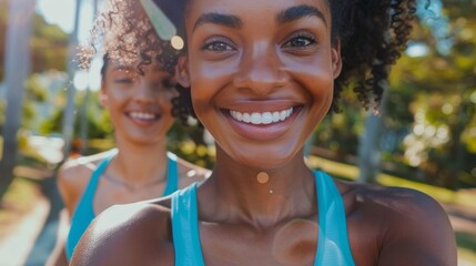 Fitness, black woman, outside, training, selfie, profile image, and wellbeing. Portrait of smiling...
