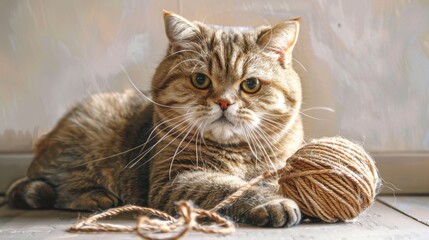 Fat cat playing with a ball of yarn, paws tangled and looking adorably playful.
