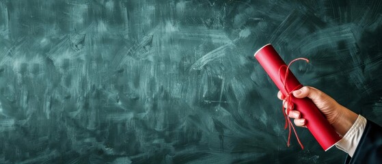 Student holding a diploma, academic success, close up, graduation, vibrant, overlay, empty chalkboard backdrop