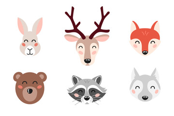 Cute forest animals head set in cartoon flat style. Kids design elements for print, poster, stickers, nursery.