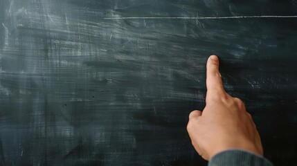 Teacher explaining on a chalkboard, knowledge transfer, close up, traditional teaching, realistic, overlay, empty chalkboard backdrop