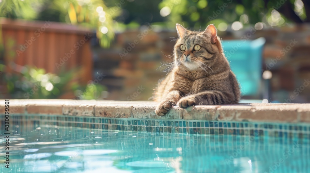 Poster fat cat sitting on the edge of a pool, dipping its paws into the water and looking curious and happy