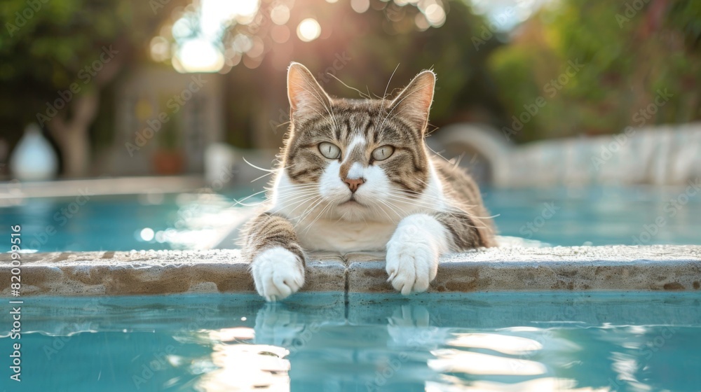 Poster fat cat sitting on the edge of a pool, dipping its paws into the water and looking curious and happy