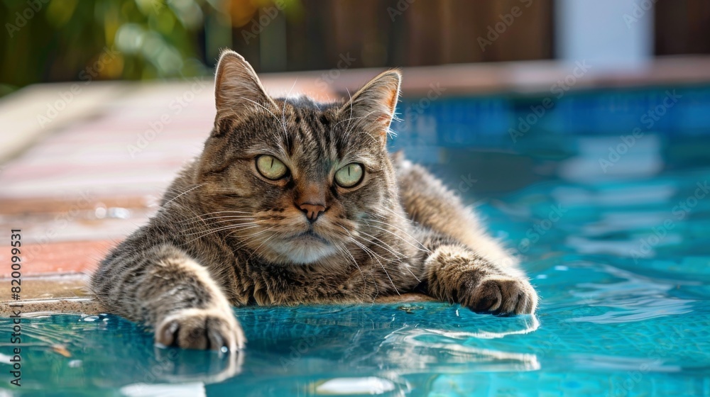 Poster fat cat sitting on the edge of a pool, dipping its paws into the water and looking curious and happy