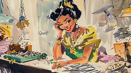 Woman joyfully engaged in jewelry making, surrounded by colorful materials