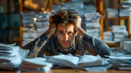 Photo realistic concept of salesperson overwhelmed with paperwork impacting sales growth due to poor time management and low performance