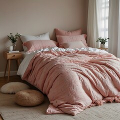 Light, cute and cozy home bedroom interior with unmade bed, pink plaid and cushions on empty white wall background