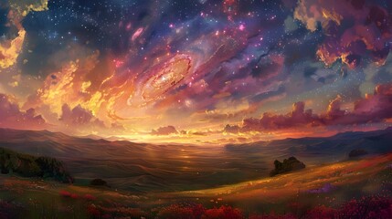 Obraz premium Vibrant Autumn Sunset Over Picturesque Countryside Landscape with Mountains and Meadows