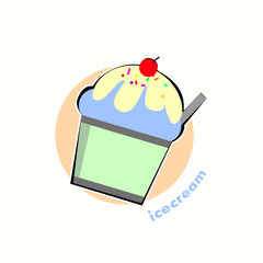 Ice cream balls in the waffle cone or ice cream in cup isolated cream background. Vector flat outline icon. Comic character in cartoon style illustration for notice design.