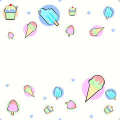 Seamless pattern with pastel color ice cream. Delicious refreshing ice cream as background.
Vector for holiday designs, party, birthday, invitation.
Ice cream cone pattern. border for text.