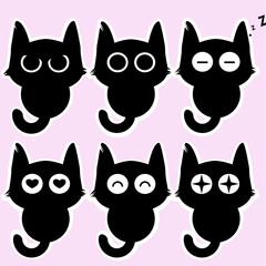 Funny black cat in various emotion and action poses mascot animal with cartoon style character. Draw vector illustration character collection cute cat. Doodle cartoon style.