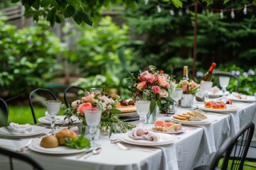Fototapeta premium Garden party settings without people. AI generative