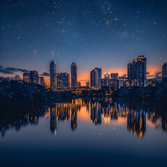Twilight Reflections: Pearl of the Night City Skyline Over Calm River
