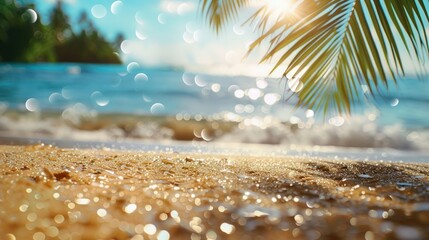 Golden Summer Beachscape: Defocused Bokeh Lights & Palm Leaves Blurring on Sandy Seashore