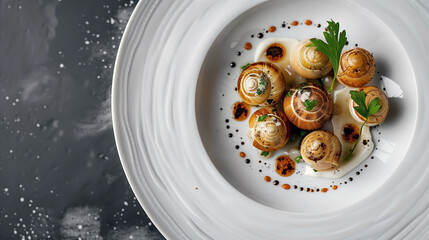 A plate of baked escargot with garlic butter and herbs on concrete table