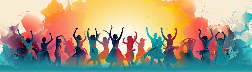 Group of happy people jumping and having fun at a party or festival.