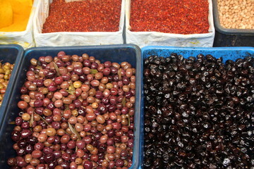 Pickled and salted vegetables are sold at a city bazaar in Israel.