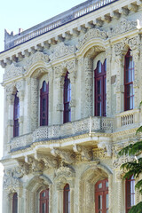 Decorations on the facade of the Kucuksu Sultan's Palace close-up. A masterpiece of Ottoman Baroque, created by architects from the Balyan family in Istanbul, Turkey