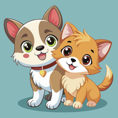Little friends kitten and puppy. Cute cartoon illustration. Flat style