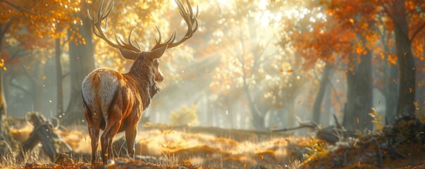 Fototapeta premium Rear view a majestic stag in a sunlit forest clearing, intricate details showing its antlers, photorealistic style with rich, warm hues, capturing tranquil beauty nature