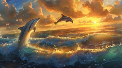 Graceful dolphins leaping joyfully out of the ocean waves against a backdrop of a golden sunset.