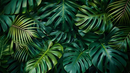 tropical palm leaf and shadow, abstract natural green background, dark tone textures