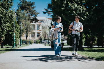 A young man and woman talking while walking with books in a sunny park, showcasing student life and friendship.
