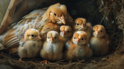 Group of baby chicks huddled together under the warm feathers of their mother hen, finding comfort and safety.