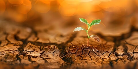 Symbol of hope and vitality: Small shoots growing on cracked dry land. Concept Nature's Resilience, Symbolic Growth, Cracked Earth Renewal, New Beginnings, Small Shoots Hope