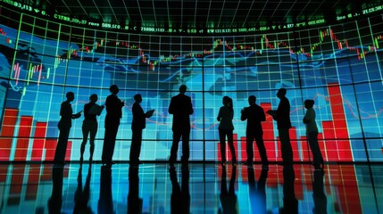 Group of businesspeople analyzing a stock market graph on a large screen, discussing strategies and forecasts.