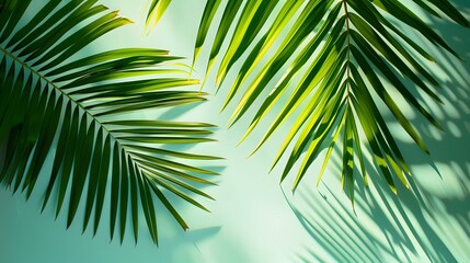 Naklejka premium tropical palm leaf and shadow, abstract natural green background, dark tone textures