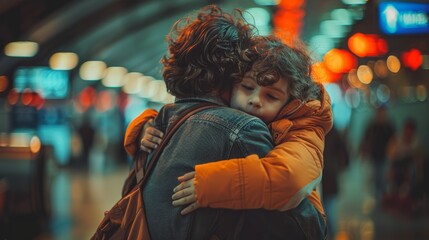 Obraz premium Father and child share touching hug during airport reunion after travel