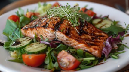 Healthy salmon salad with mixed greens, cherry tomatoes, cucumber slices, and grilled salmon fillet, dressed with balsamic vinaigrette.
