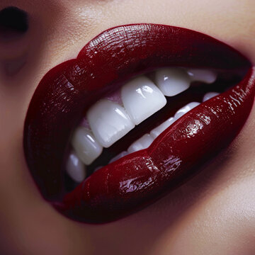 Close-up lips, red wine-colored lipstick, white teeth.