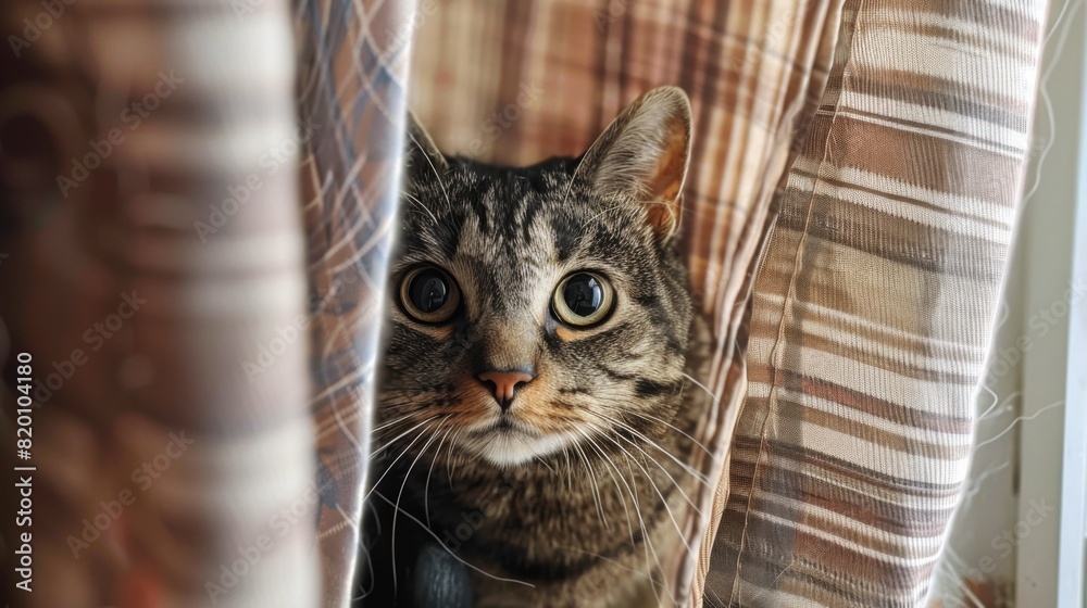 Poster heavyset cat peeking out from behind a curtain, showing its curious and playful nature.