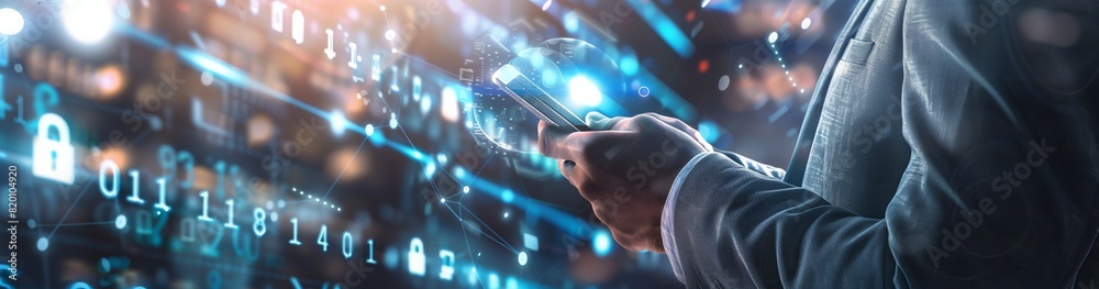 Poster a businessman is seen using a smartphone in a digital realm, navigating data, technology, and networ
