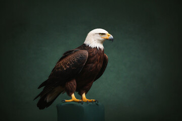 Obraz premium White-headed eagle sitting on green bollard on green background with copy space