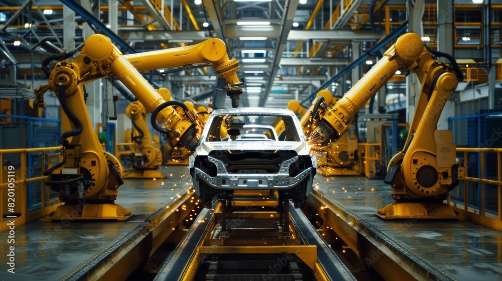 Poster in a modern factory, a highly automated car manufacturing line operates with robotic arms for precis