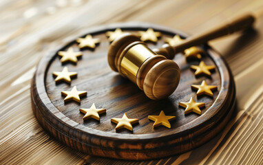 Justice hammer inside European Union symbol on a white background. Ideal for illustrating legal authority, court proceedings, and judicial concepts within the EU.