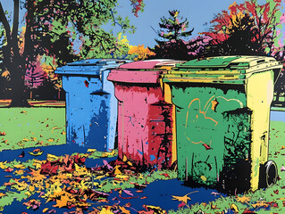 Concept of Environmental Responsibility: Vibrant Pop Art Illustration of Colorful Recycling Bins in a Scenic Autumn Park, Symbolizing Community Cleanliness and Recycling