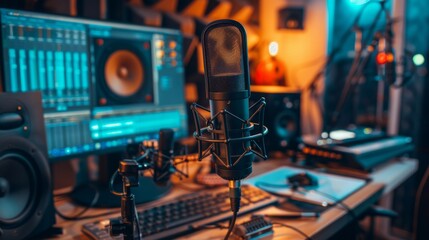 Microphone setup for a virtual meeting or webinar, with a computer and other tech equipment in the background.