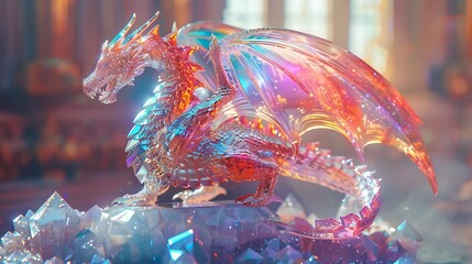 A crystalline dragon sculpture perched majestically on a shimmering pedestal, catching the light in a dazzling display of colors.