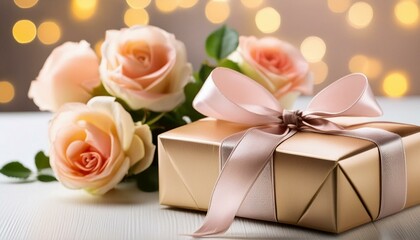Elegant present gift box with satin ribbon and pastel color fresh roses on table. Greeting card for celebration, birthday, women, mothers, Valentines day white background