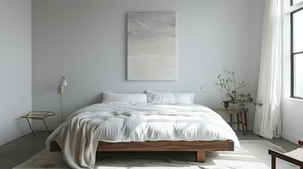 Minimalist bedroom with a simple bed, white linens, and a single piece of abstract art on the wall, exuding tranquility.
